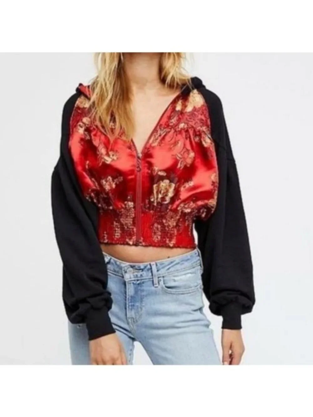 Free People Gabbie Zip Up Hoodie Red Black Sz small